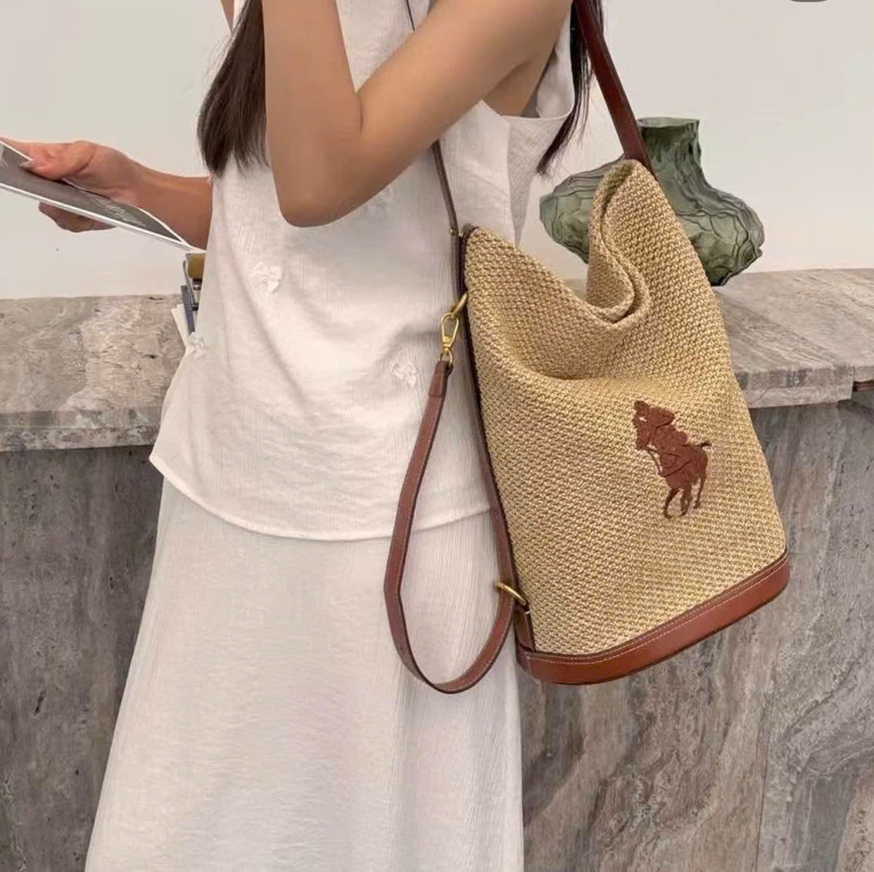 Túi Hobo Polo RL cói viền da nâu