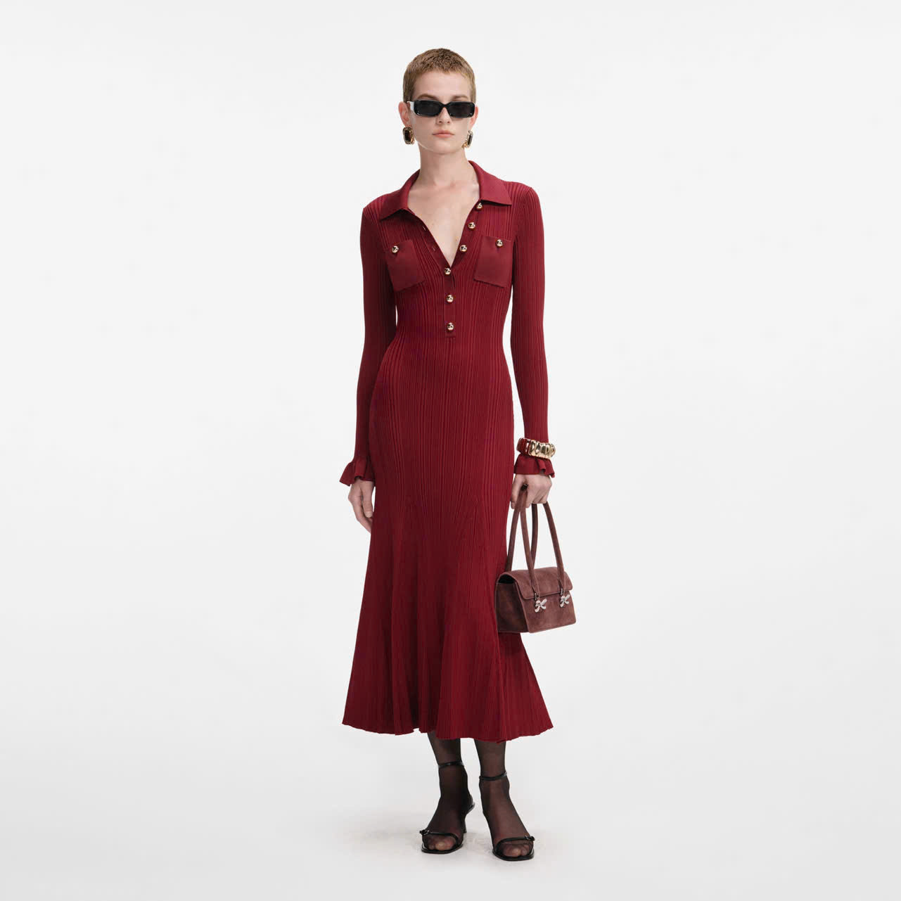 Váy MIDI dệt kim gân đỏ Burgundy