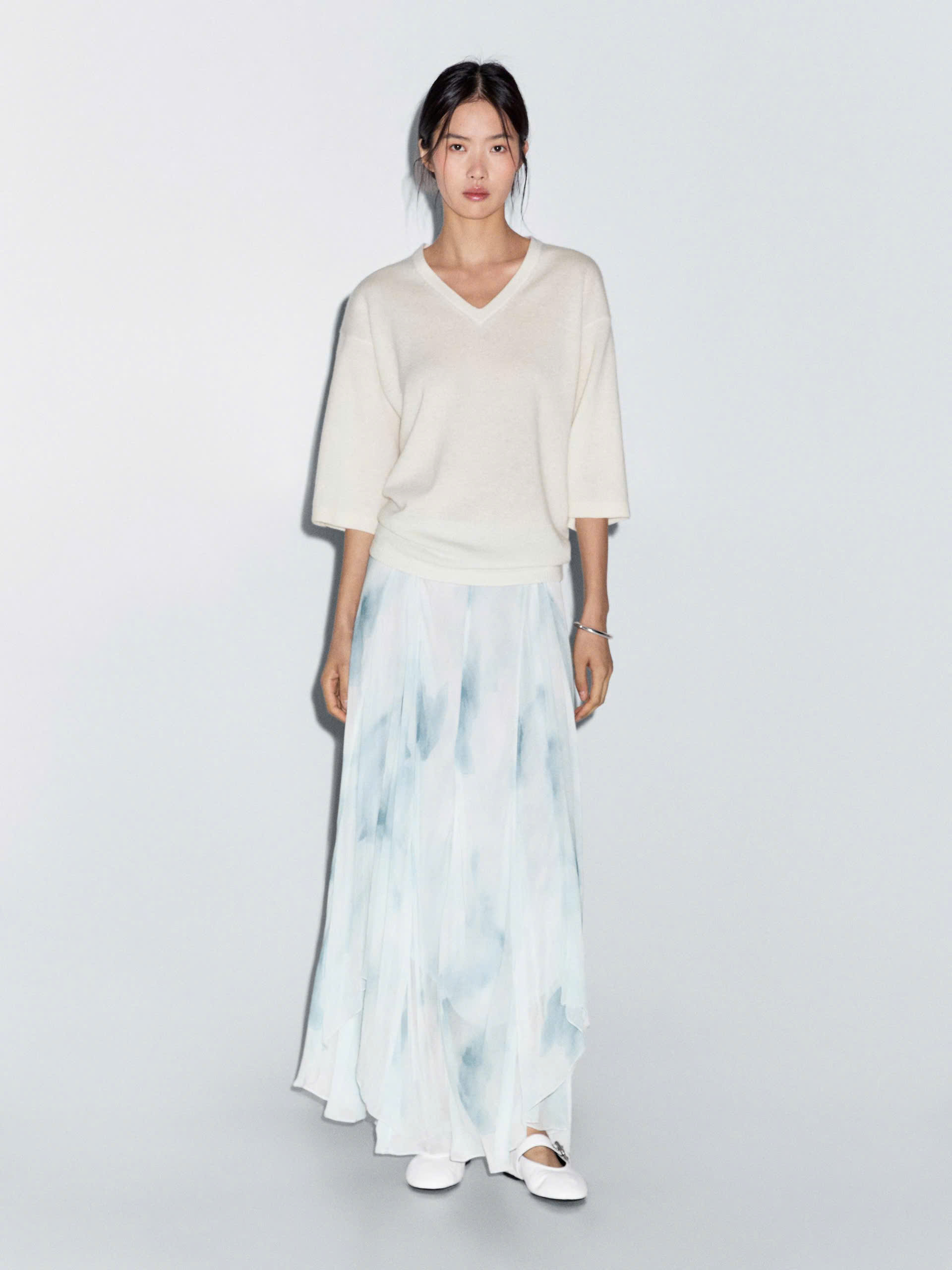 Chân váy midi Massimo Dutti voan tơ màu xanh ombre