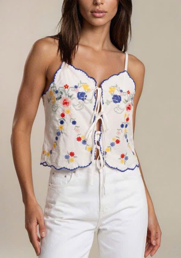 Áo 2 dây Sezane trắng thêu hoa (croptop Sezane Kory)