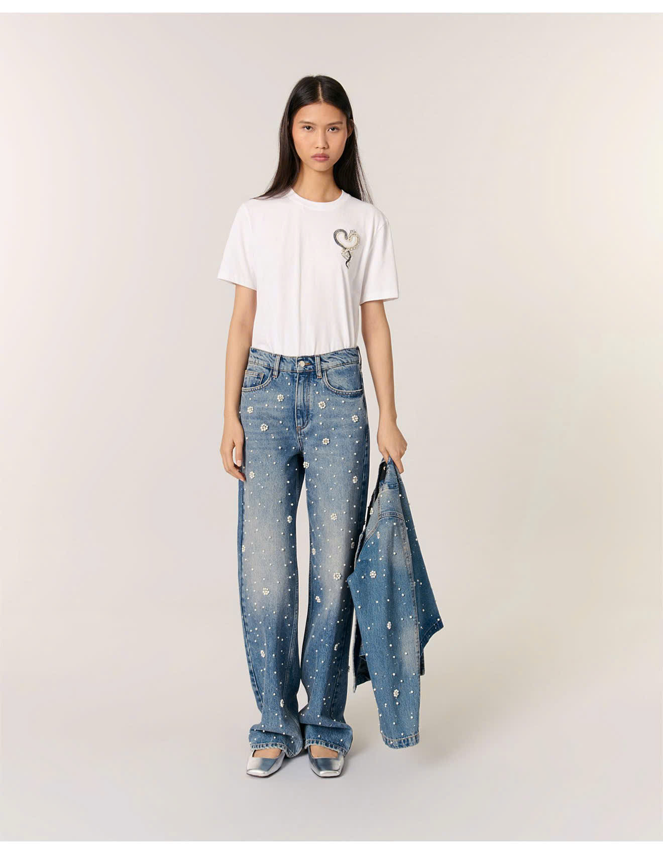 QUẦN JEAN DENIM ỐNG RỘNG ĐÍNH CƯỜM HOA PERLA