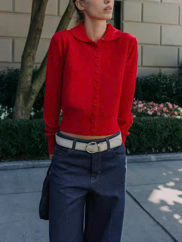 Cardigan dáng crop cổ bẻ khuy bọc màu đỏ