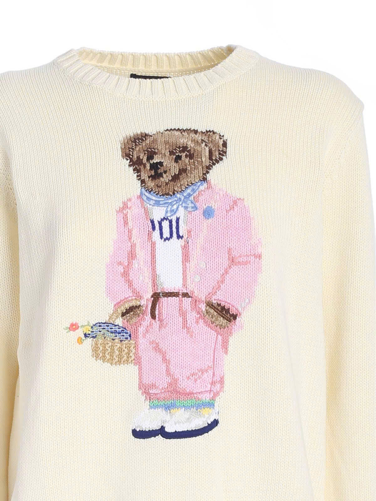 Áo len Polo Bear trắng gấu mặc áo khoác hồng