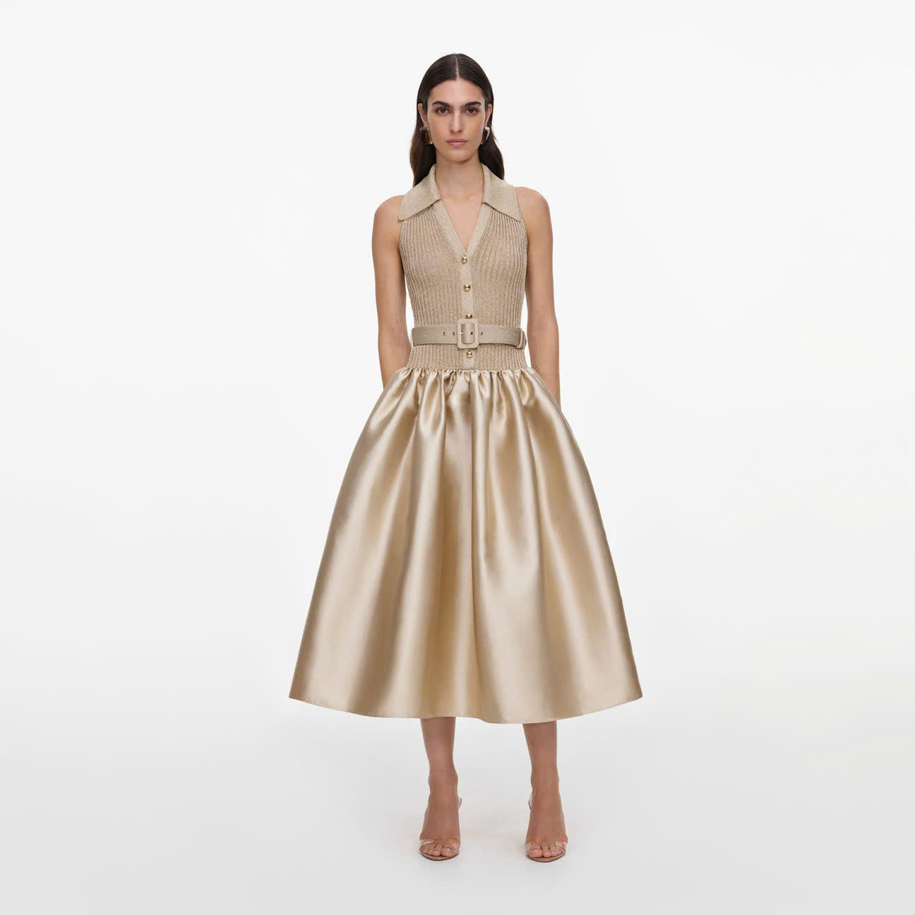 ĐẦM MIDI SELF -PORTRAI DỆT KIM KHÔNG TAY MÀU VÀNG ÁNH KIM BẰNG VẢI TAFFETA