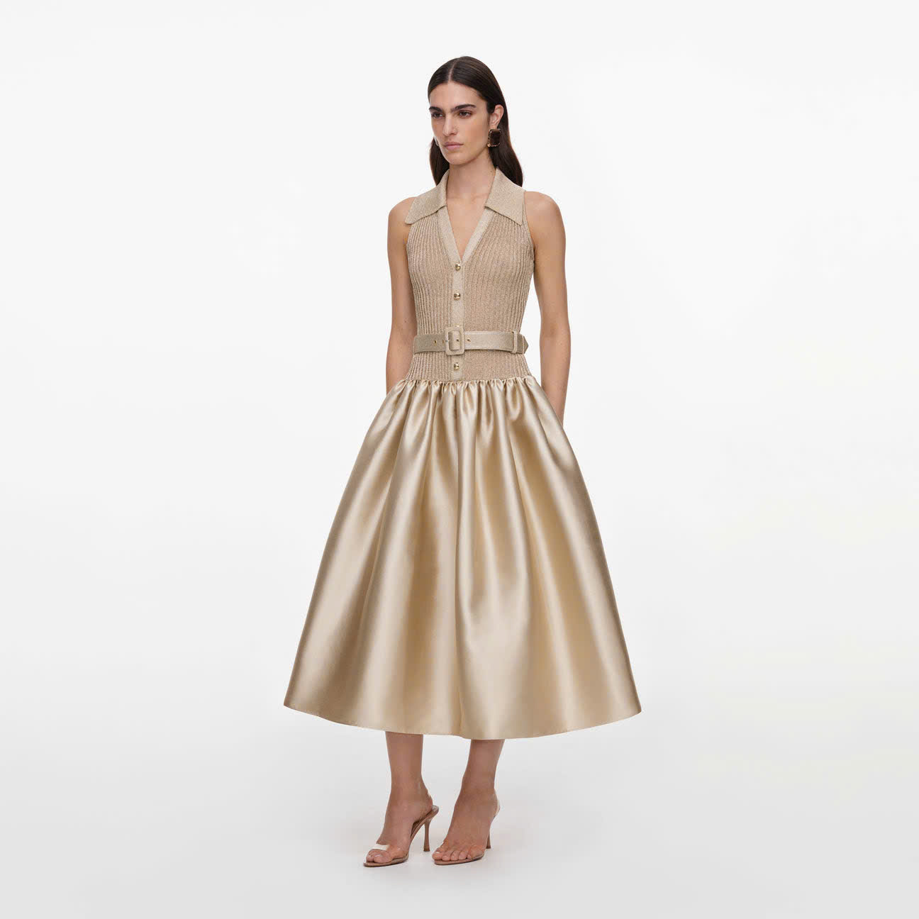 ĐẦM MIDI SELF -PORTRAI DỆT KIM KHÔNG TAY MÀU VÀNG ÁNH KIM BẰNG VẢI TAFFETA