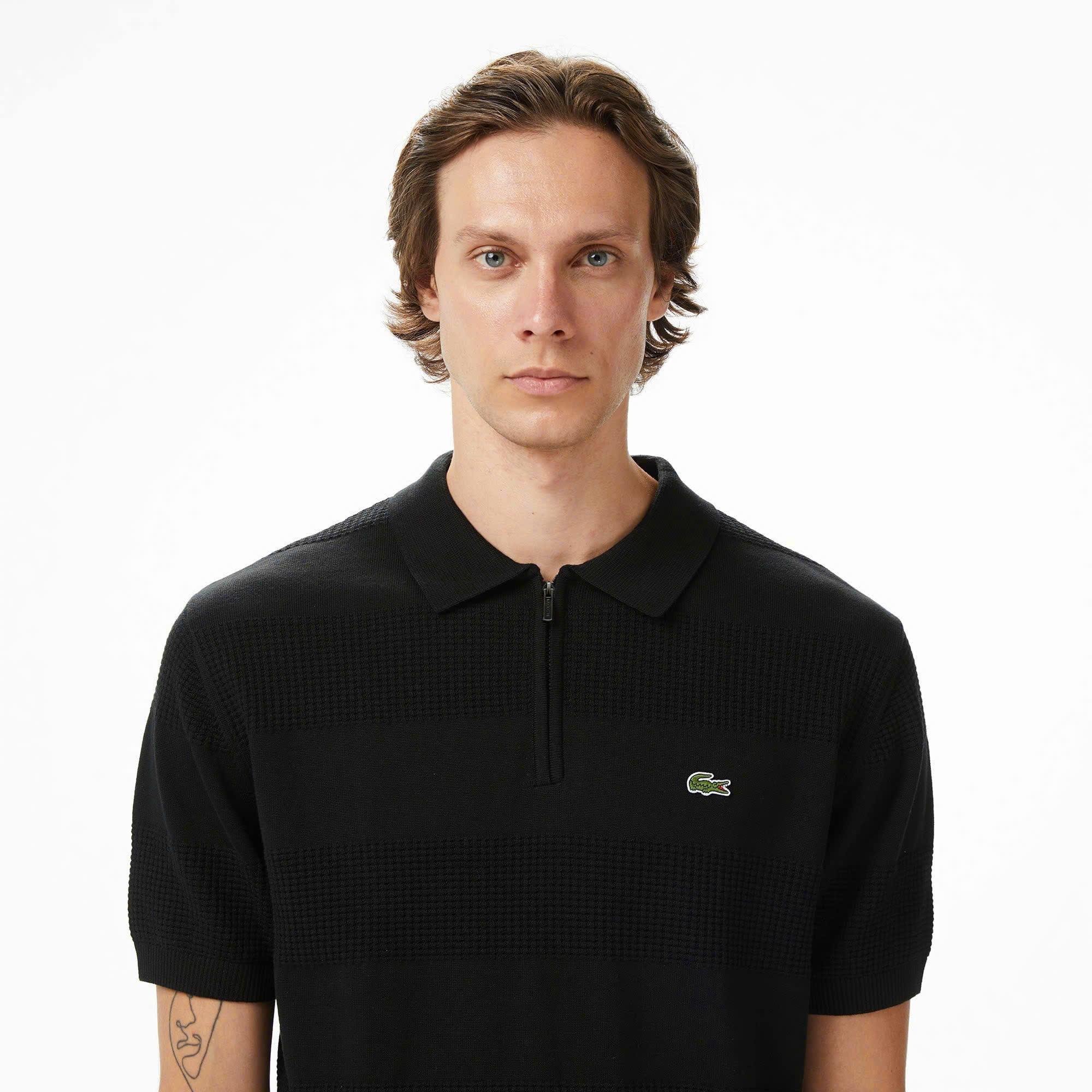 Áo len nam Lacoste ngắn tay cổ đức logo ngực 100% cotton