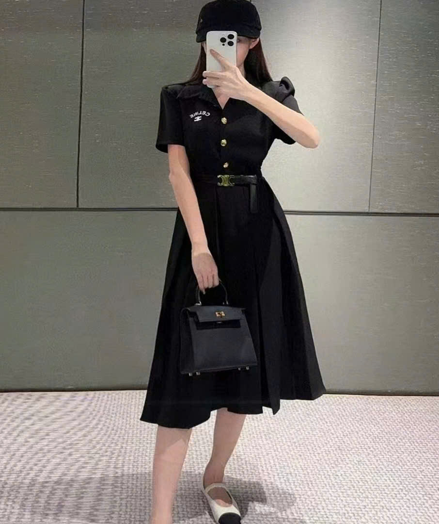 Váy liền Celine cổ bẻ kèm belt 2 màu