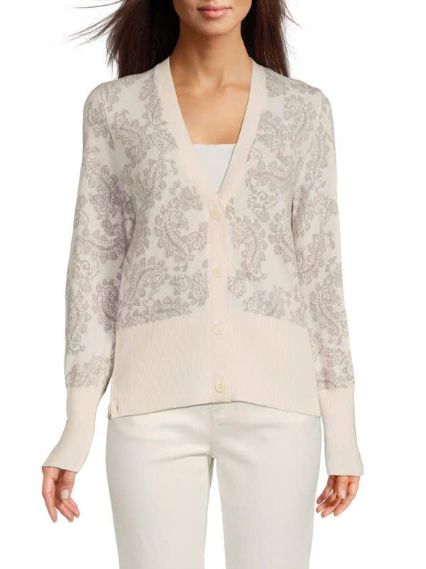 Cardigan Thom Browne họa tiết paisley xám viền kem