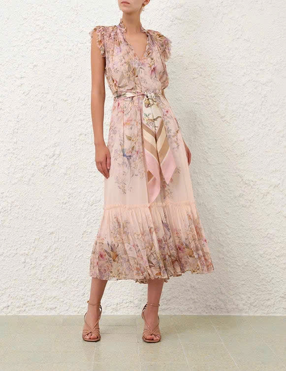 Đầm maxi chiffon in họa tiết xếp nếp