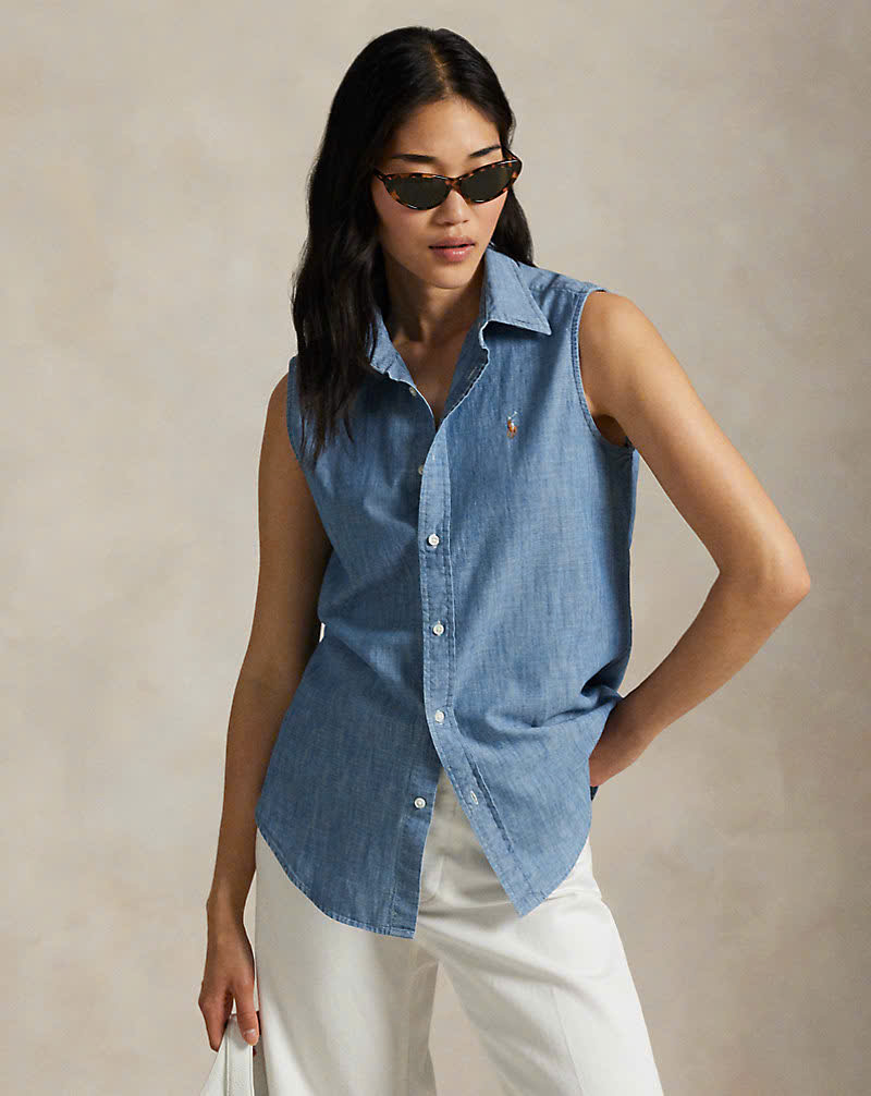Áo sơ mi không tay bằng vải chambray cotton