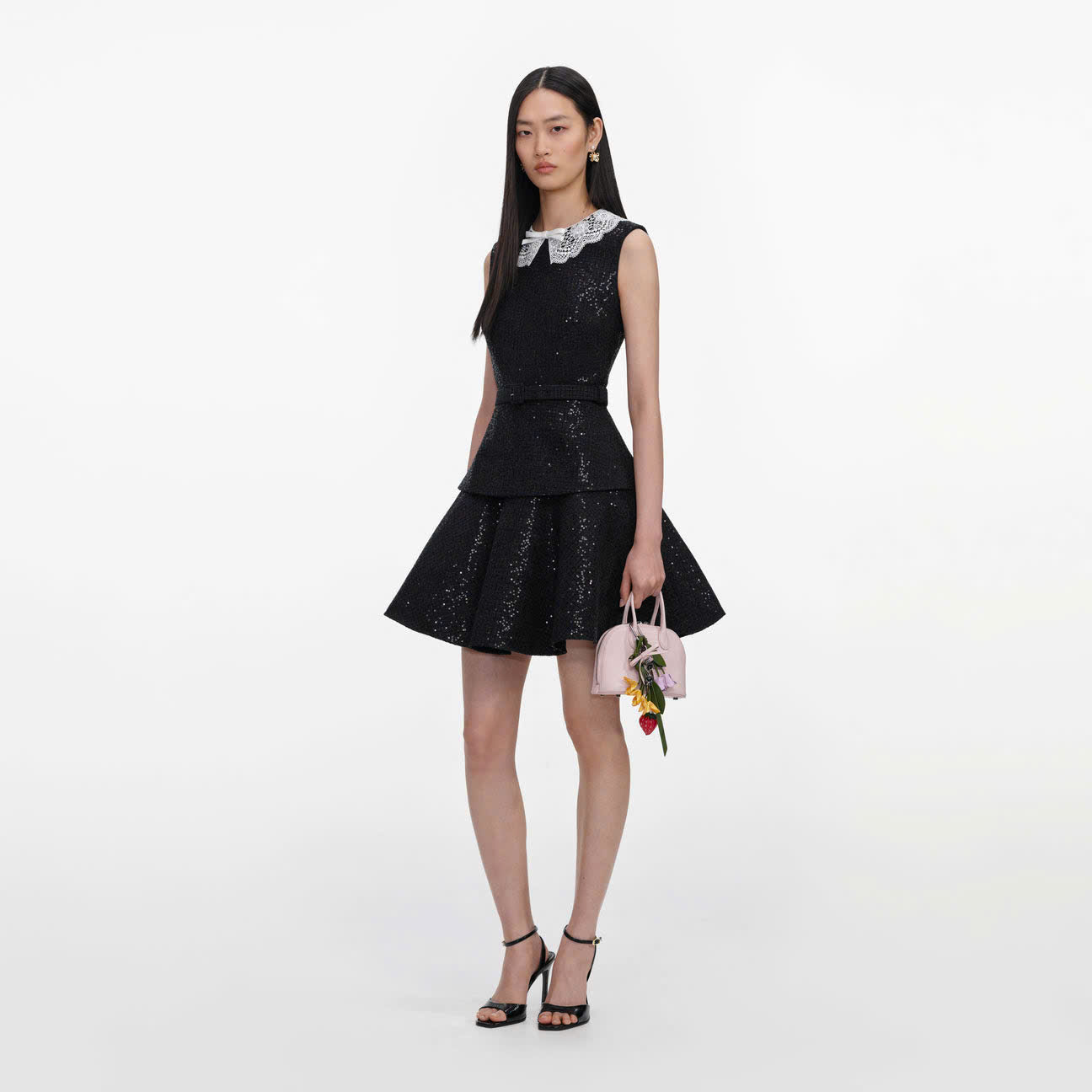 VÁY NGẮN MÀU ĐEN ĐÍNH SEQUIN BẰNG VẢI BOUCLE