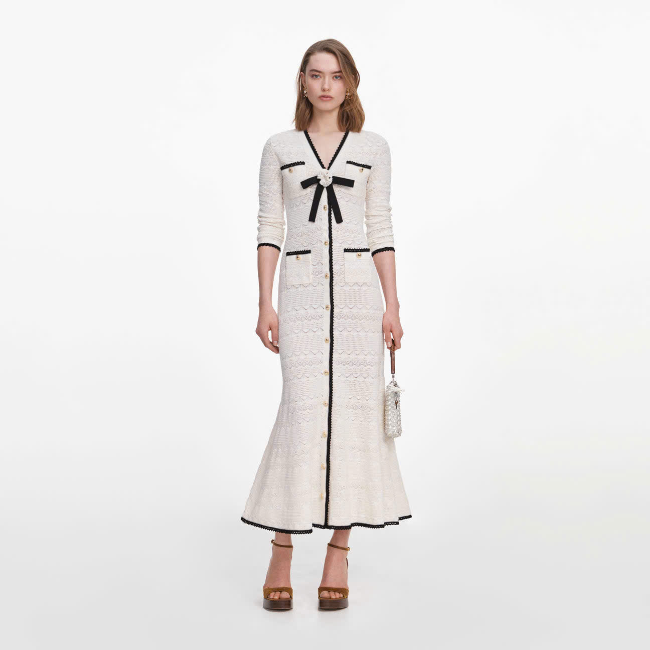ÁO KHOÁC CARDIGAN DÀI DỆT KIM HỌA TIẾT CHẤM TRẮNG