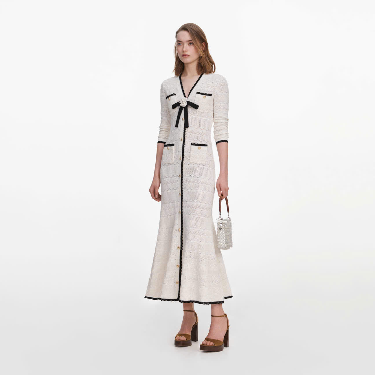 ÁO KHOÁC CARDIGAN DÀI DỆT KIM HỌA TIẾT CHẤM TRẮNG