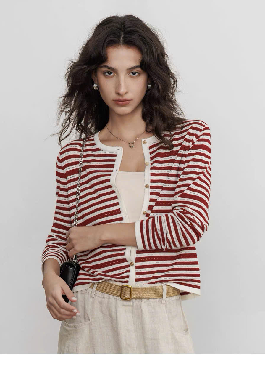 CDG Mo&Co kẻ ngang cổ tròn 2 màu 85% wool 15% silk