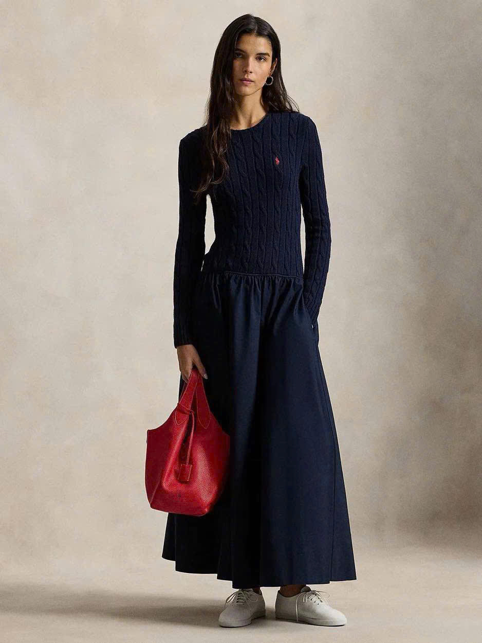 Đầm cotton Polo RL thân trên dệt kiểu vặn thừng dáng maxi