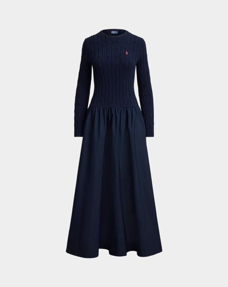 Đầm cotton Polo RL thân trên dệt kiểu vặn thừng dáng maxi