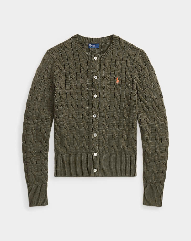 Áo khoác cardigan Polo RL cổ tròn bằng cotton dệt kim kiểu cáp
