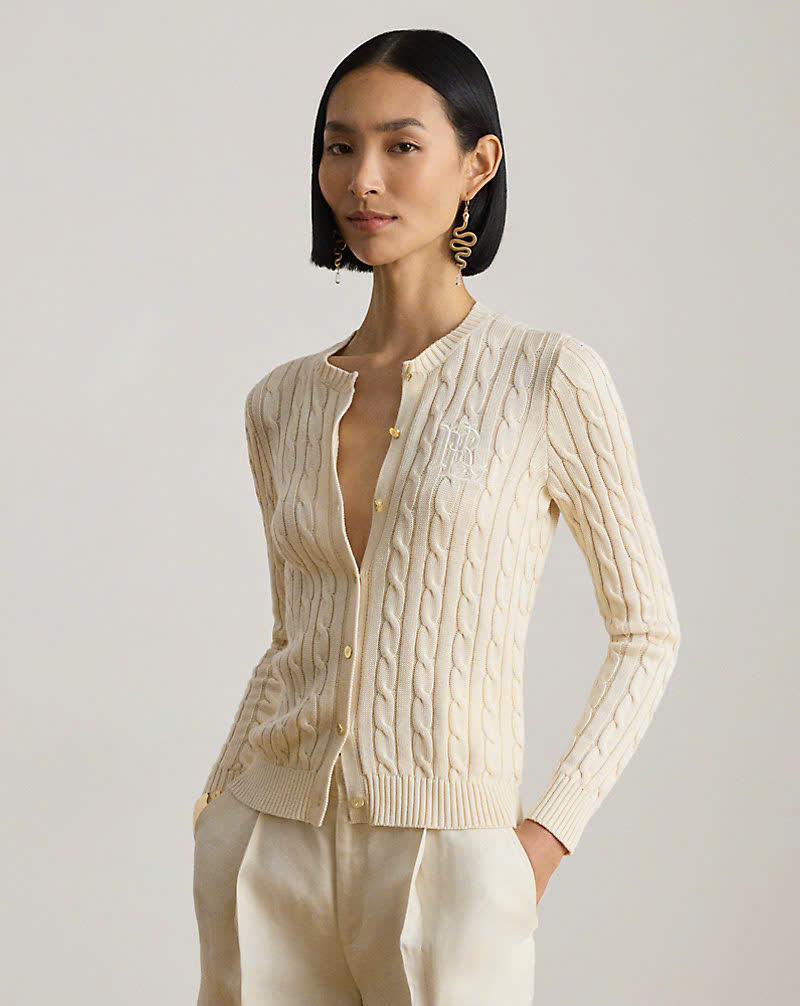 Áo khoác cardigan POLO RL dệt kim kiểu cáp, chất liệu cotton pha