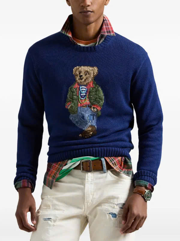 Áo Polo Bear màu xanh coban gấu đeo vòng cổ 100% cotton