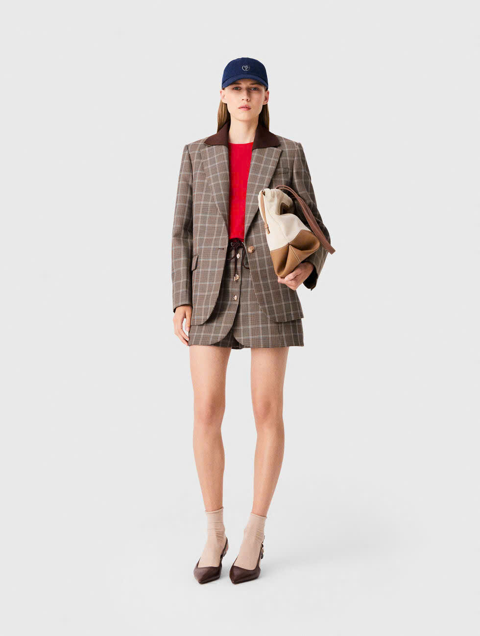 Áo khoác MAJE kẻ caro với cổ áo có thể tháo rời