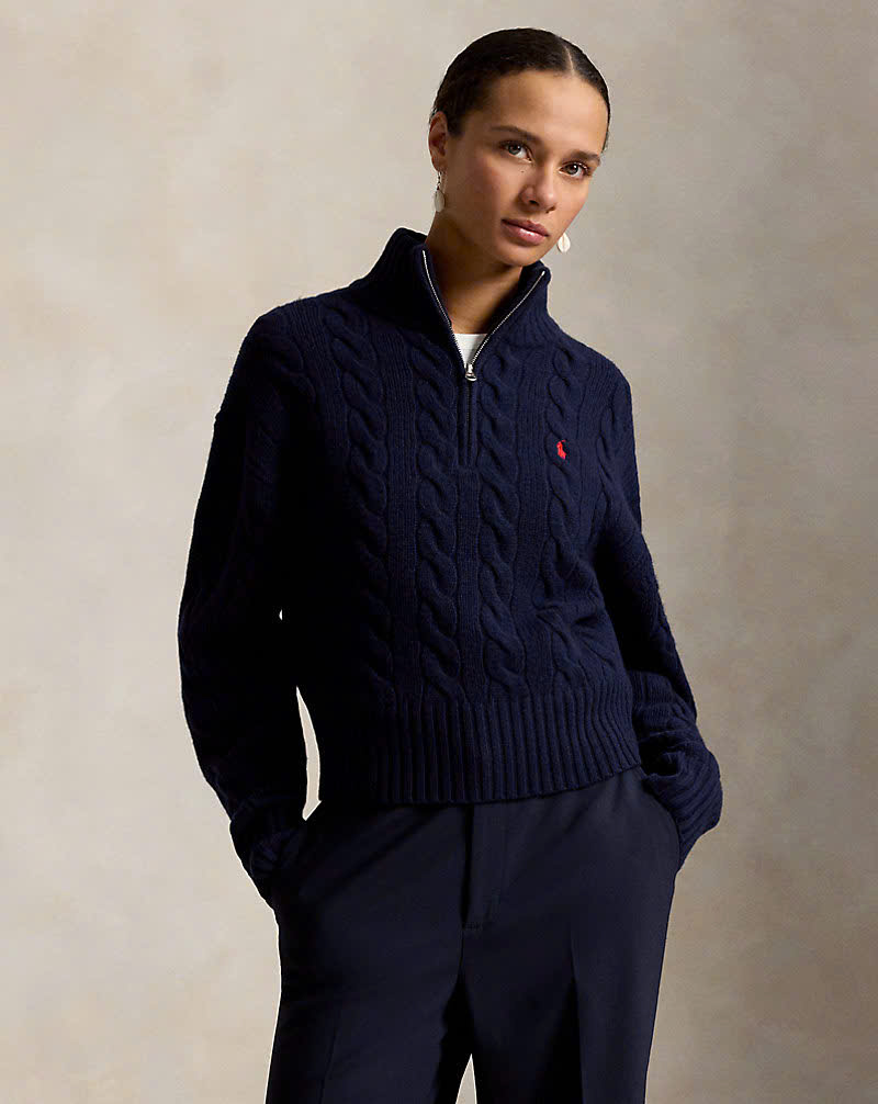 Áo len POLO RL cổ kéo khóa nửa thân bằng len cashmere dệt kim