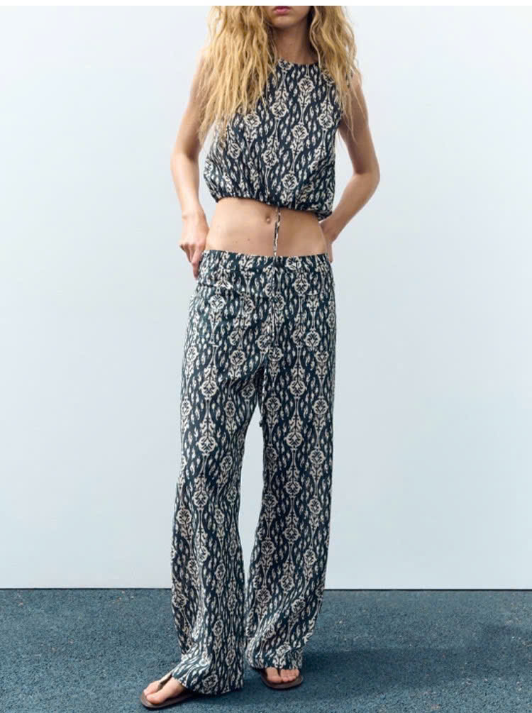 Set Zara màu loang đen trắng áo croptop  quần suông dài
