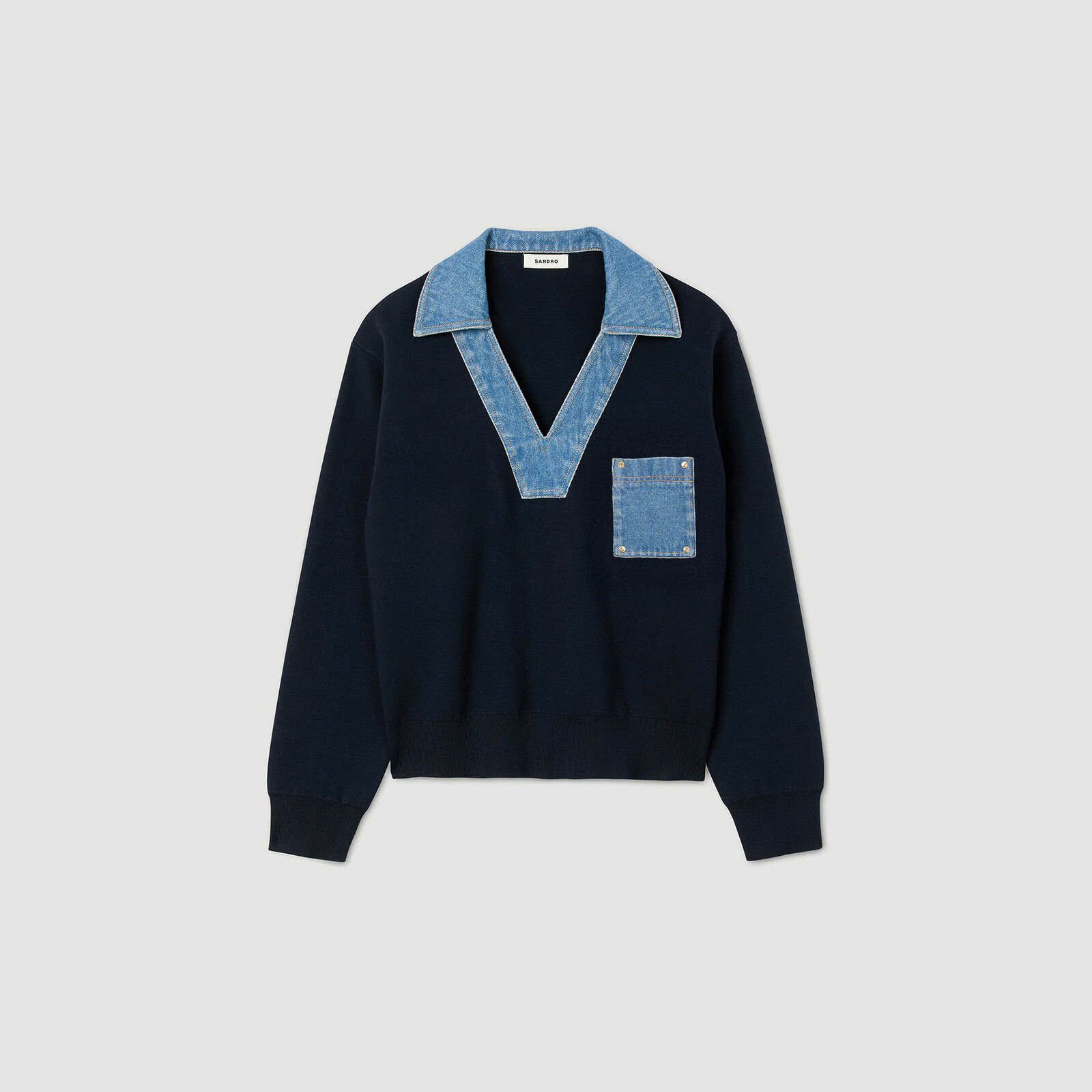 Áo len Sandro phối cổ V denim dài tay