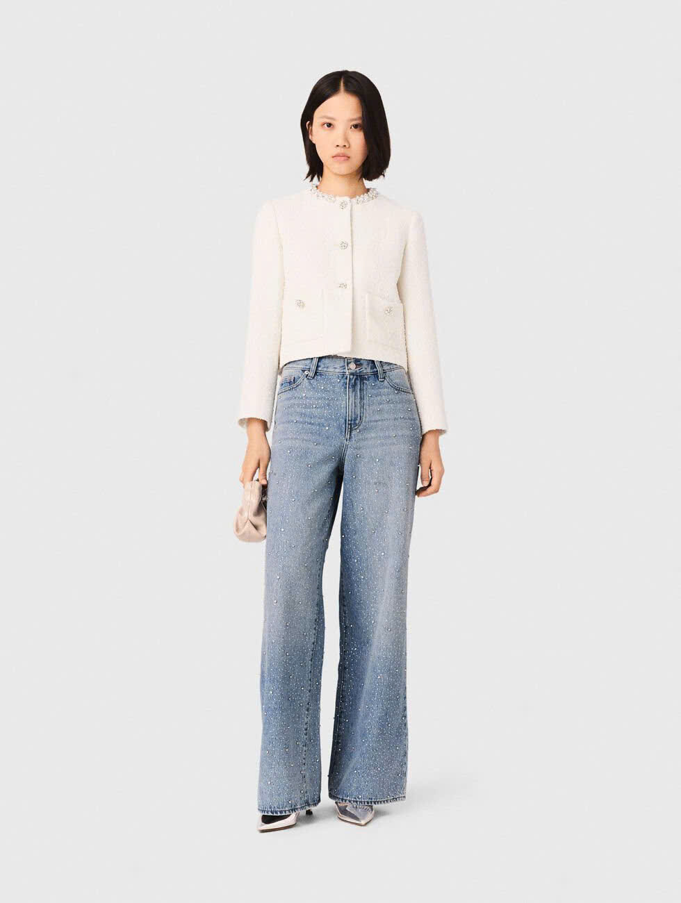 Áo khoác vải tweed viền ngọc trai