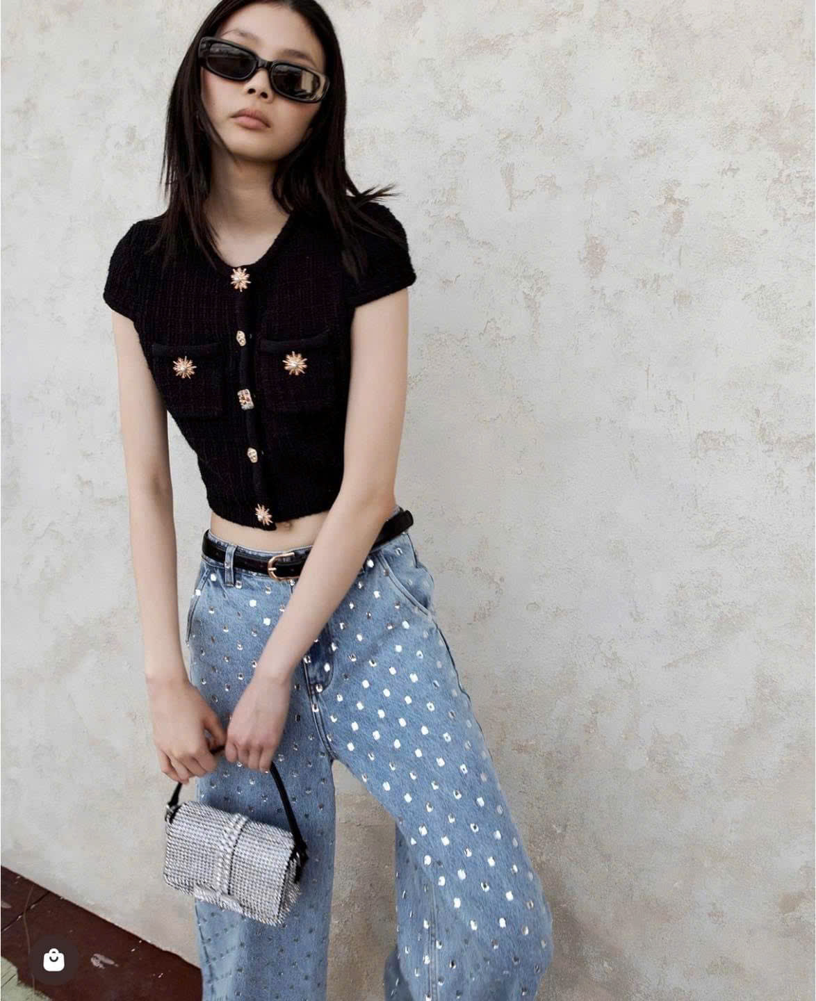 Áo Sel-Portrait sợi dệt cổ tròn ngắn tay 2 túi ngực khuy hoa (tách set)