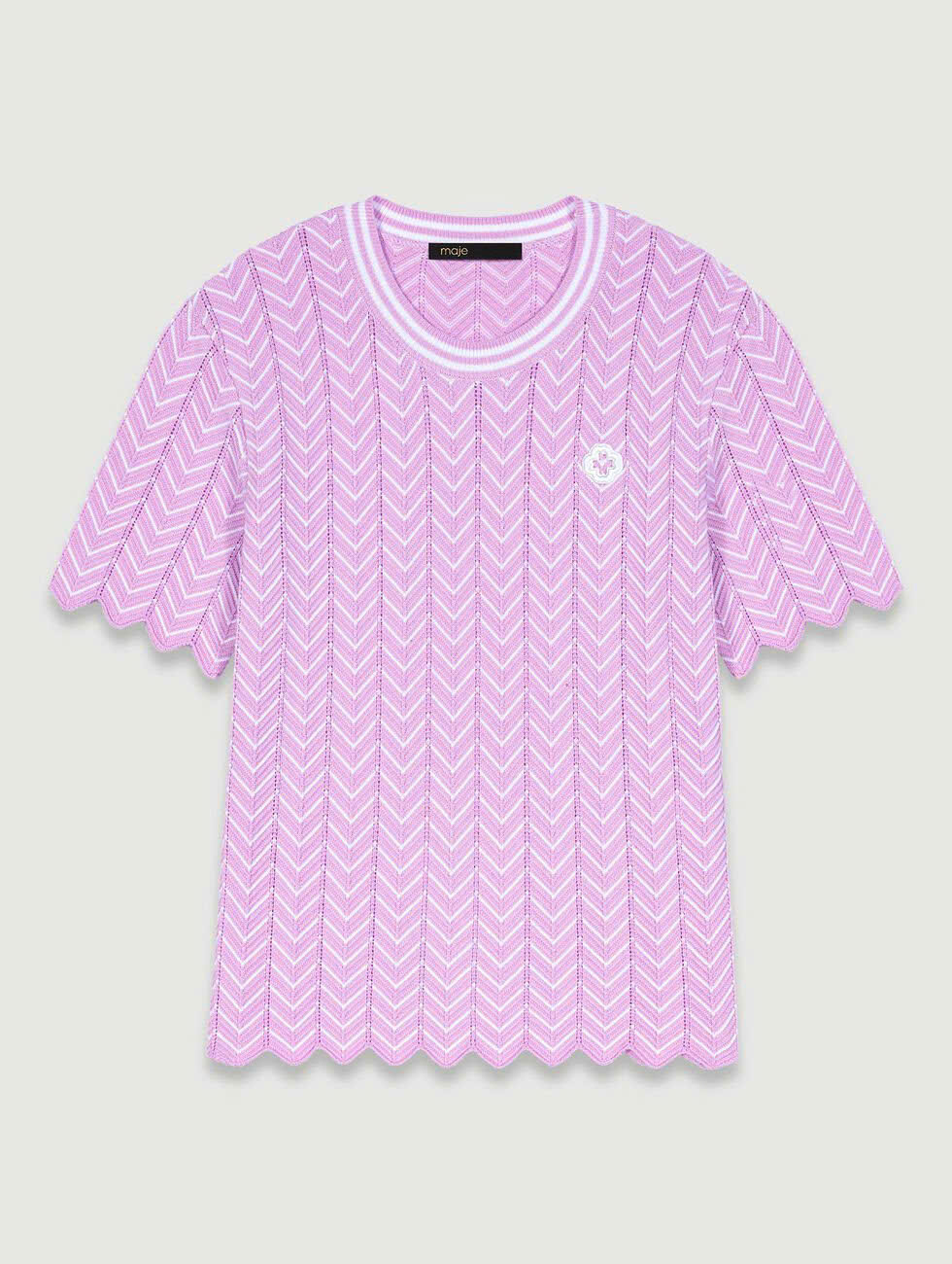 Áo Maje cotton lưới dệt thoi cổ tròn hồng viền trắng