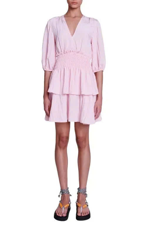 Váy Maje hồng cotton đũi dáng xếp ly ngắn