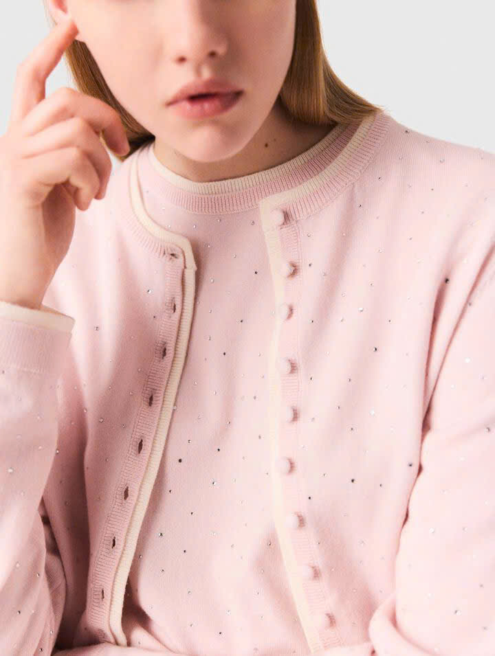 Áo cardigan Maje  màu hồng khuy bọc bling viền trắng