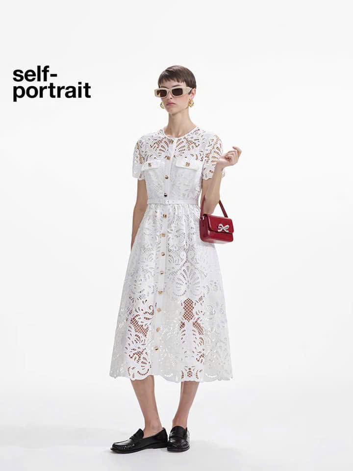 Váy maxi Self-Portrait ren 3D trắng dáng bồng túi ngực