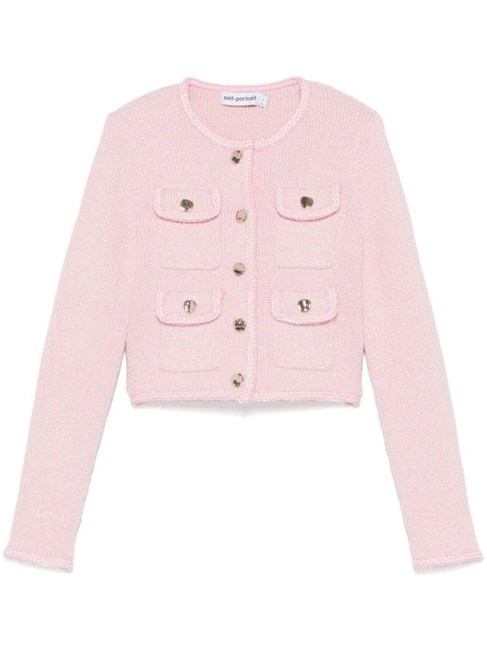 Áo khoác cardigan hiệu ứng melange/Váy ngắn đan len màu hồng dành cho nữ với chi tiết hiệu ứng vàng