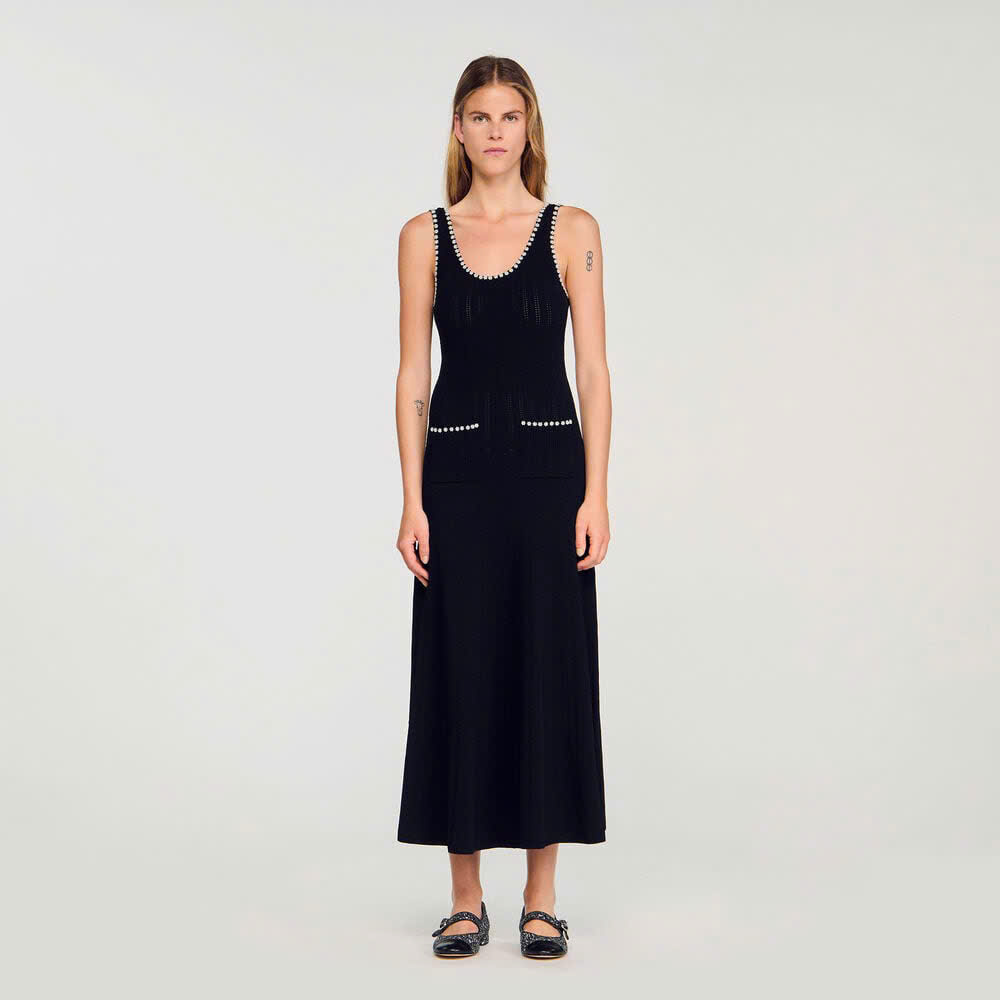 Váy maxi Sandro knit đen viền ngọc trai trắng