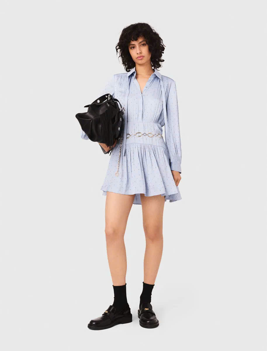 Đầm ngắn satin xếp nếp đính đá