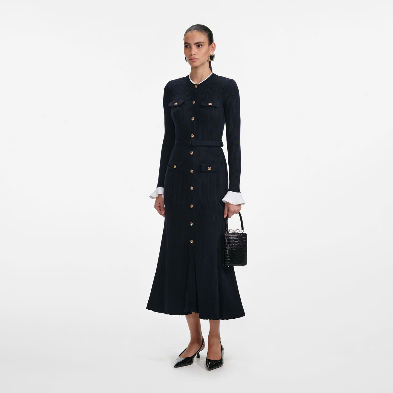 Váy MIDI dệt kim viscose màu xanh navy