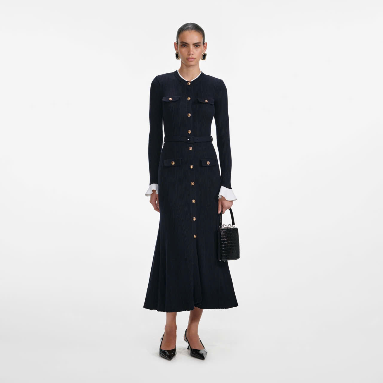 Váy MIDI dệt kim viscose màu xanh navy