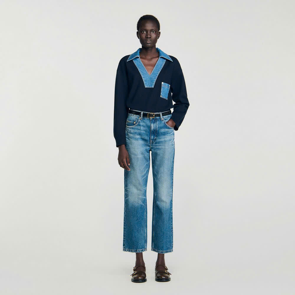 Áo len Sandro phối cổ V denim dài tay