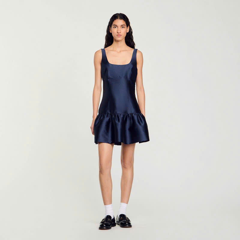 Đầm Sandro satin màu navy hạ eo