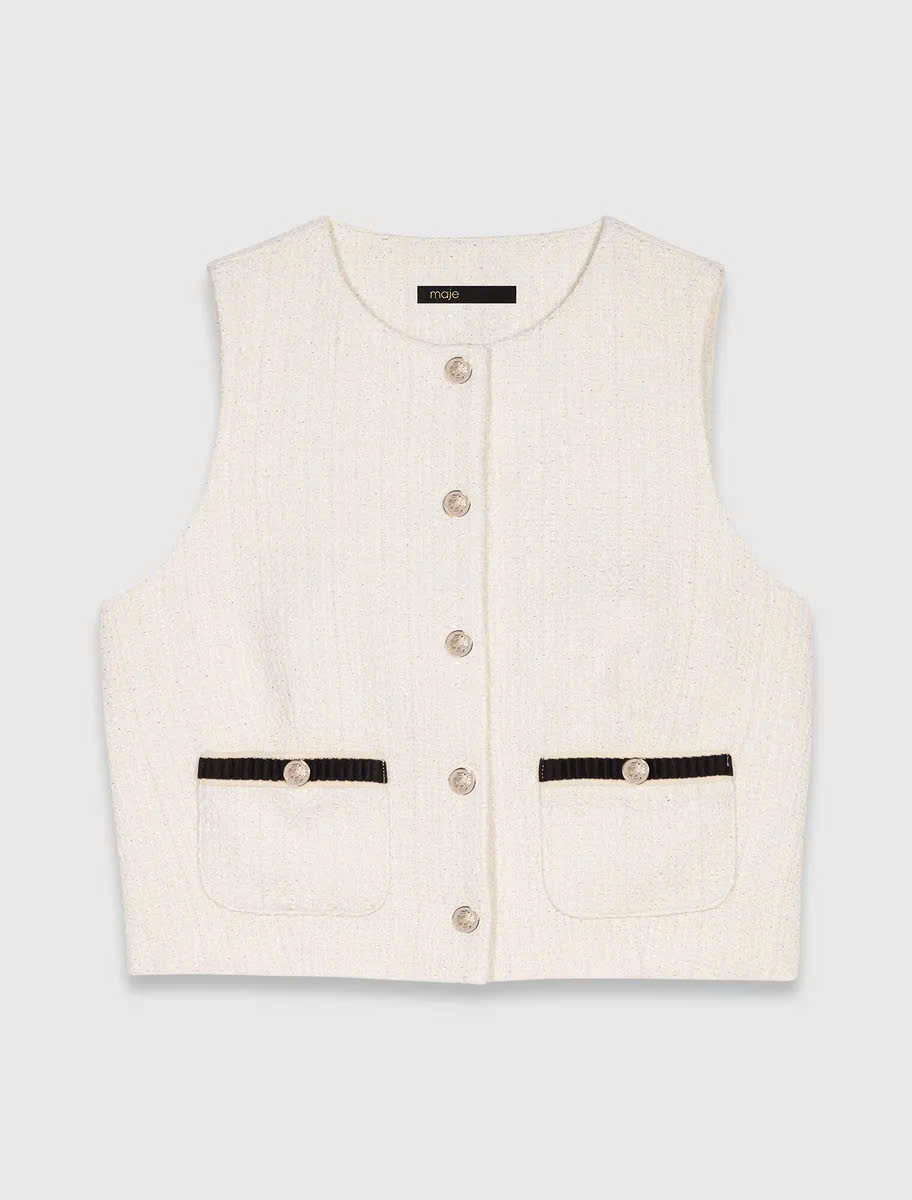 Áo gile tweed không tay phối viền