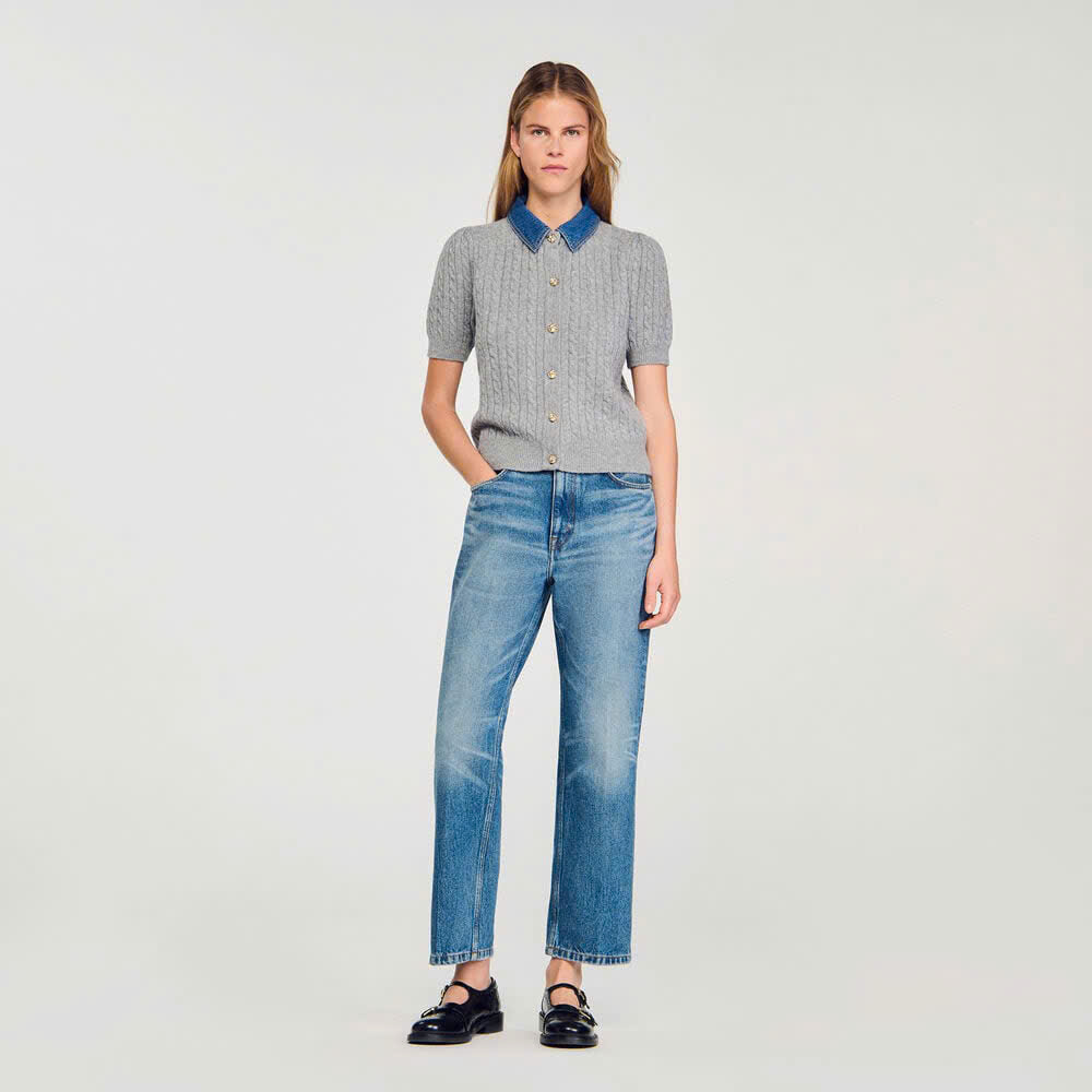 Áo len Sandro  ngắn tay màu tàn cổ denim
