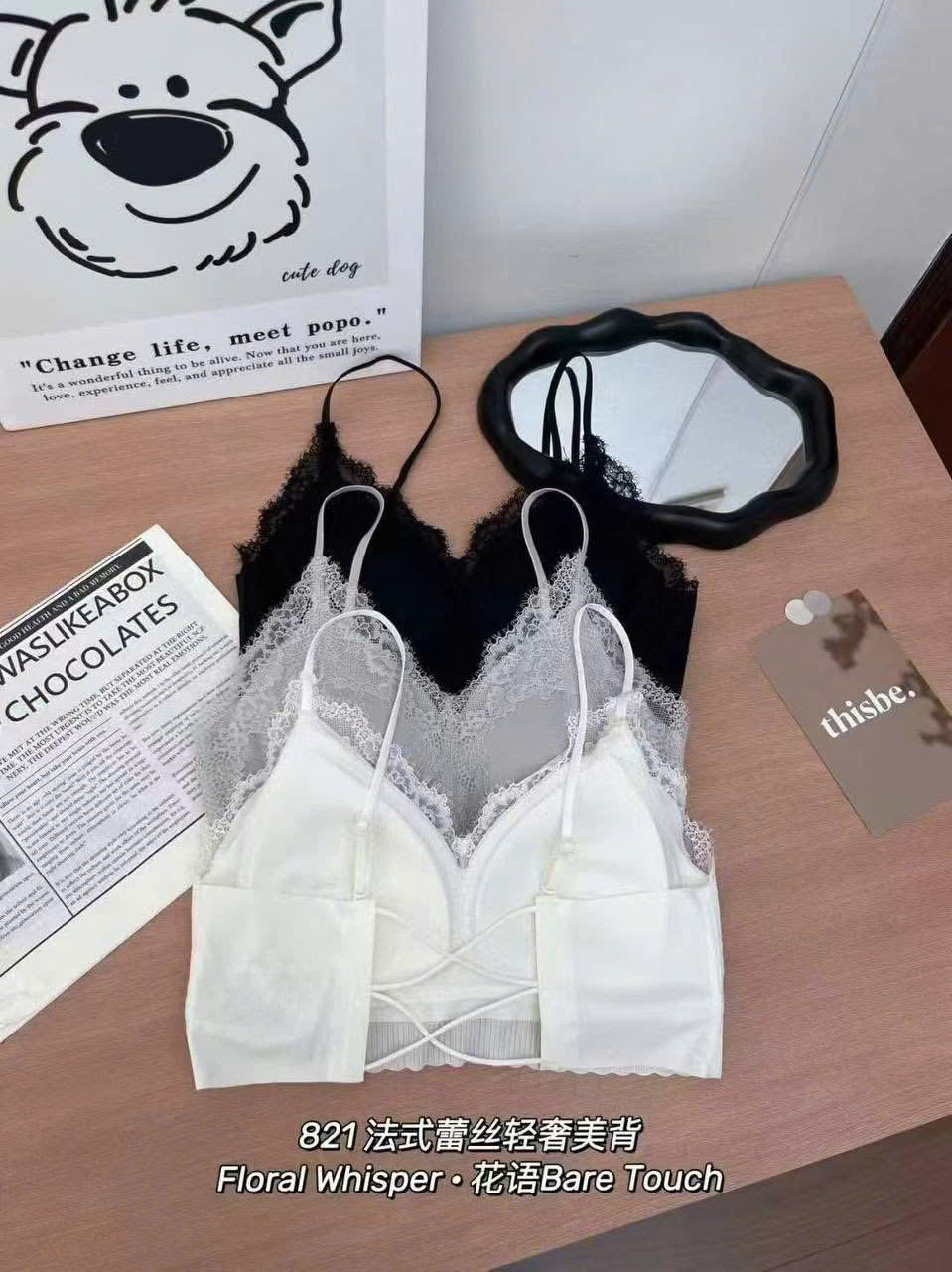 Áo bratop LA PERLA viền ren dây đan lưng 3 màu