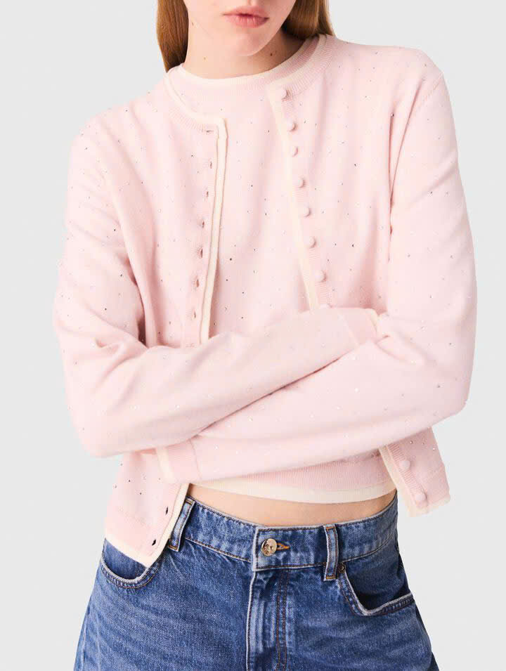 Áo cardigan Maje  màu hồng khuy bọc bling viền trắng
