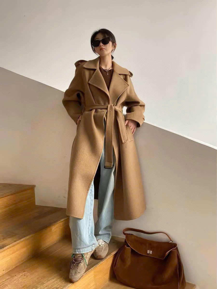 Măng to dạ ép Max Mara màu da bò dáng dài