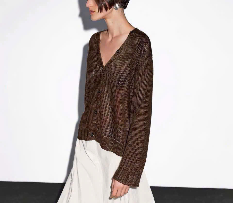 Áo Cardigan  Massimo Dutti Dệt Kim Mũi Thưa Cổ V