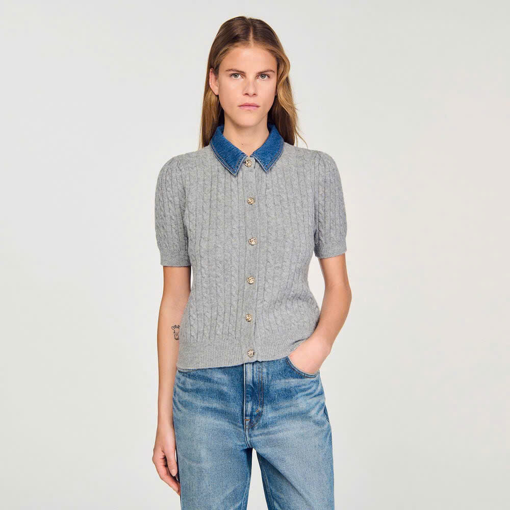 Áo len Sandro  ngắn tay màu tàn cổ denim