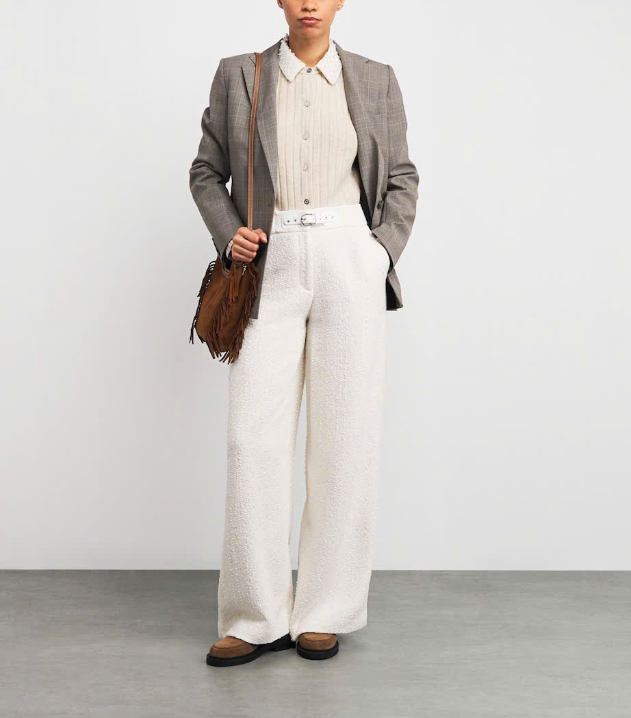 Quần ống rộng thắt lưng bằng vải tweed