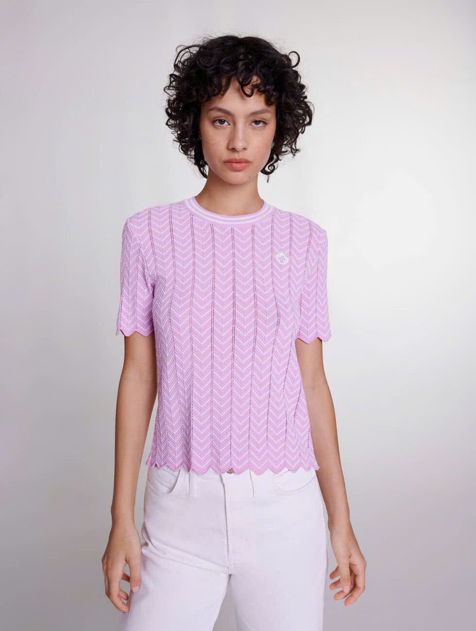 Áo Maje cotton lưới dệt thoi cổ tròn hồng viền trắng