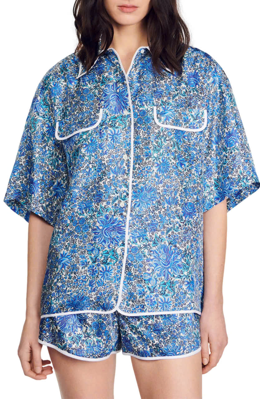 Set lụa Sandro hoa xanh Áo sơ mi + Quần short